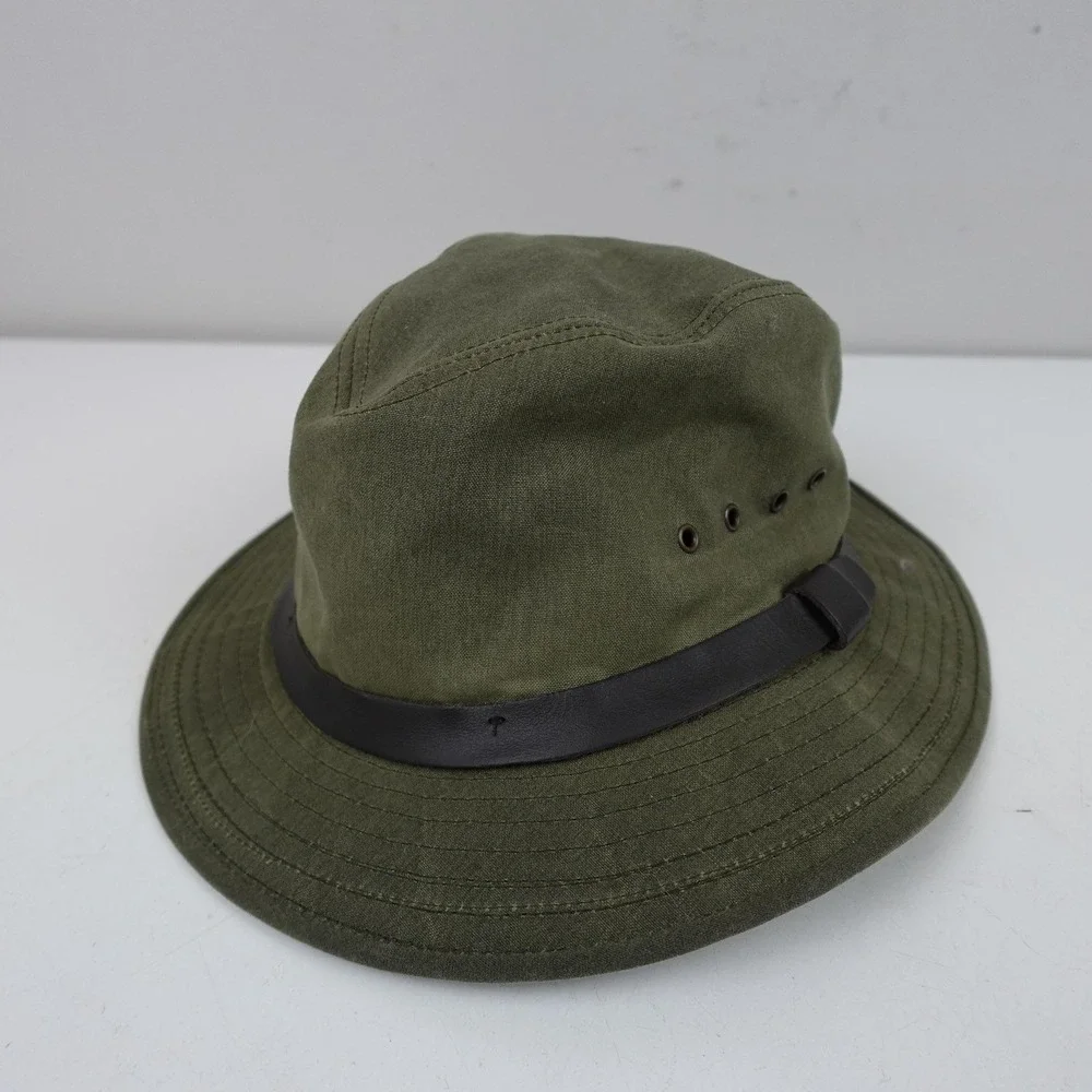 Filson Hat Bucket Fitted Mens Medium Green Waxed Tin Cloth Leather Made USA